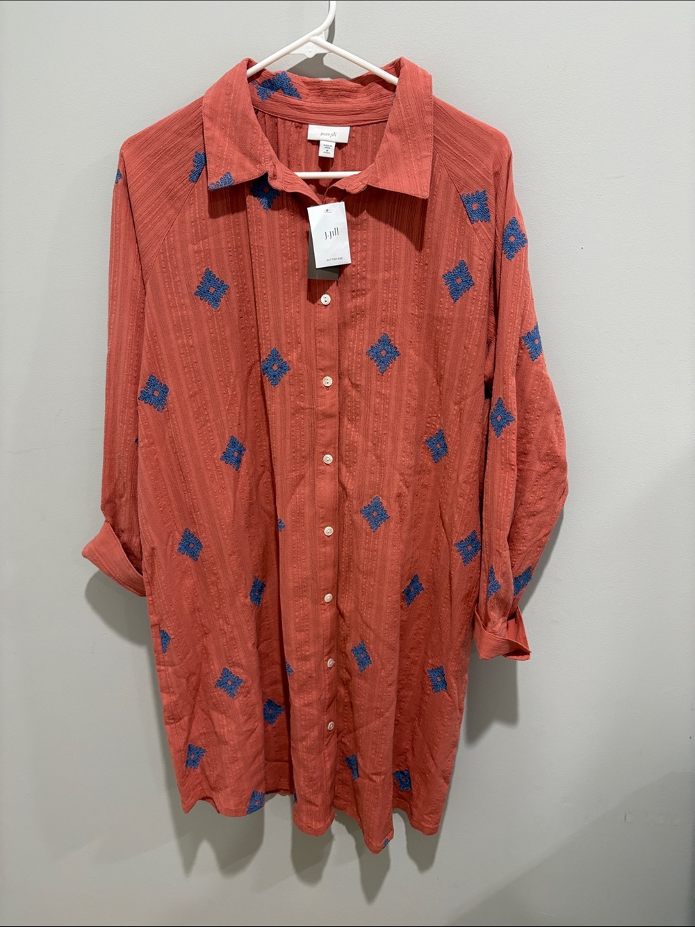 J. Jill Orange Midi Shirt Dress with Blue Embroidered Diamonds